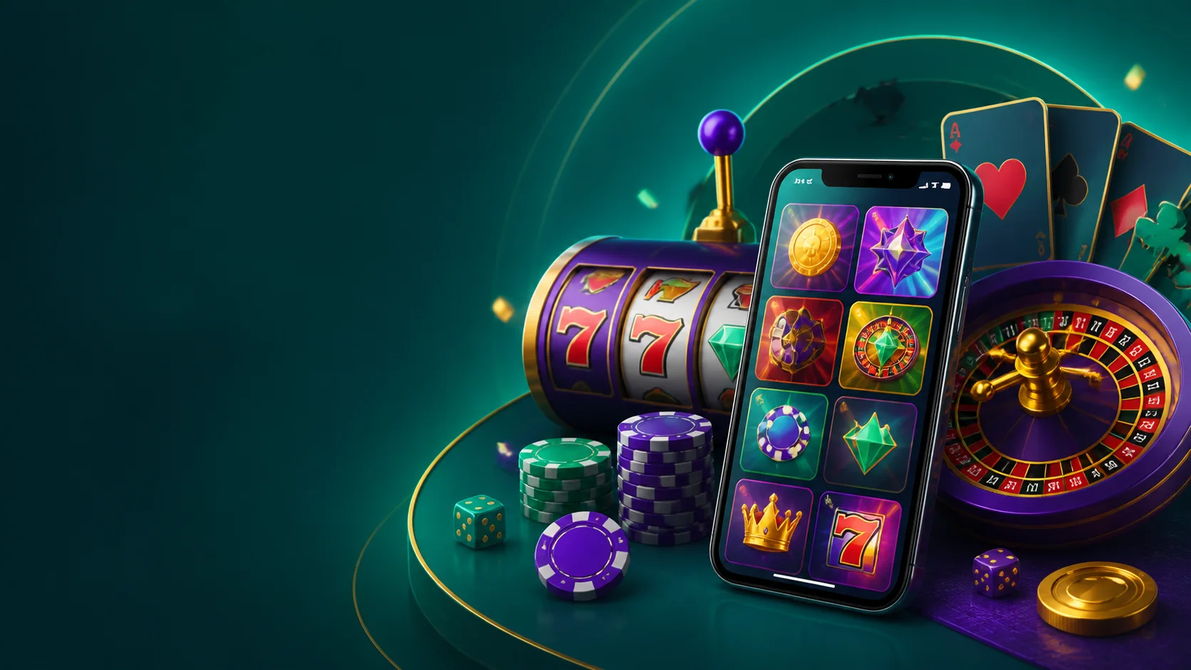 Cenário editorial de cassino online com roleta, slots e celular