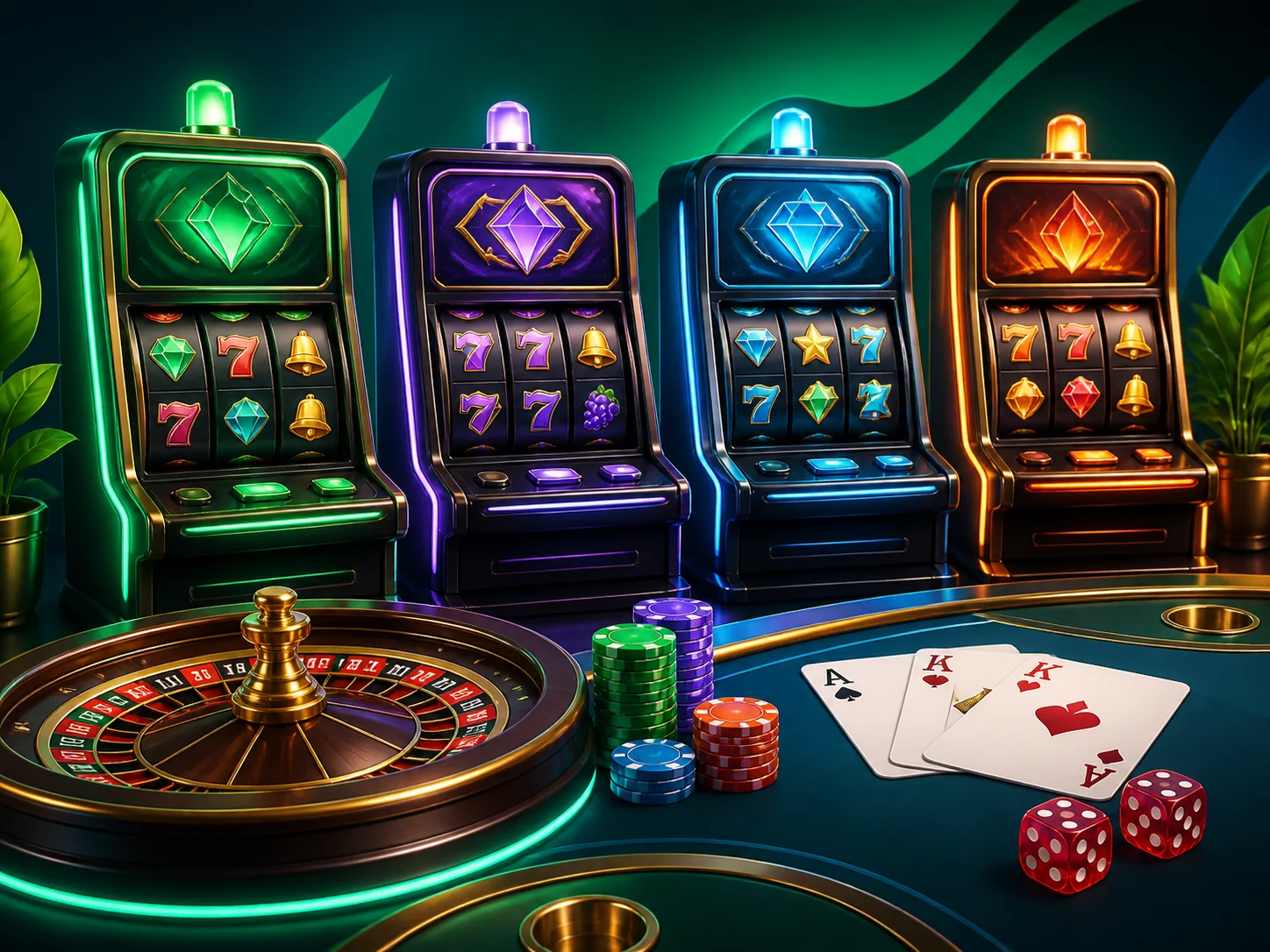 Catálogo editorial com slots, roleta, cartas e dados